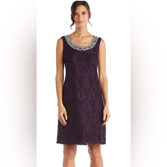 R & M Richard’s Purple Sleeveless Lace Dress, Beaded Neckline, Size 6, Formal - Picture 1 of 8
